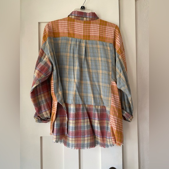 Easel Orange Red and Blue Casual Flannel Shirt with Patchwork Design - Picture 2 of 4